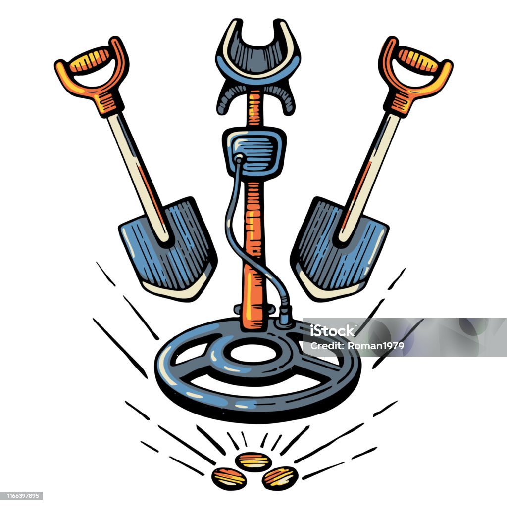 Metal detector with shovels icon isolated on white background. Metal detector vector logo. Color sketch design style. Vector for web graphics - stock vector